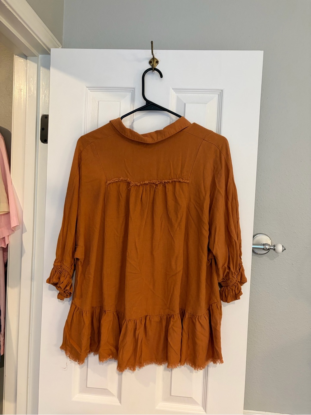 Umgee Rust Orange Peasant Ruffle Button-Front Top - Picture 6 of 6